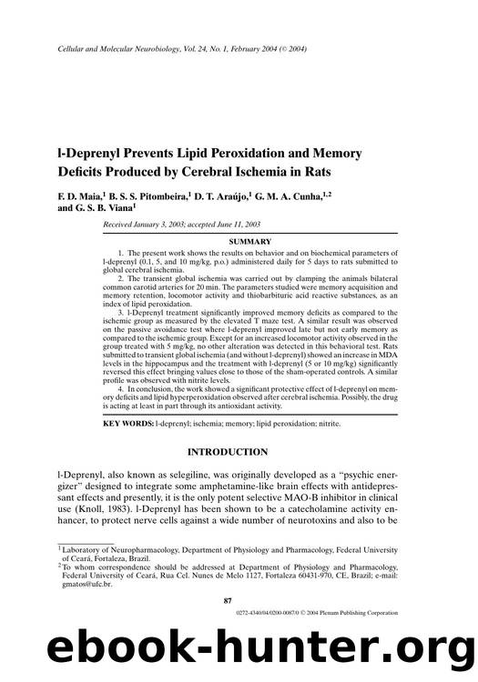 l-Deprenyl Prevents Lipid Peroxidation and Memory Deficits Produced by Cerebral Ischemia in Rats by Unknown