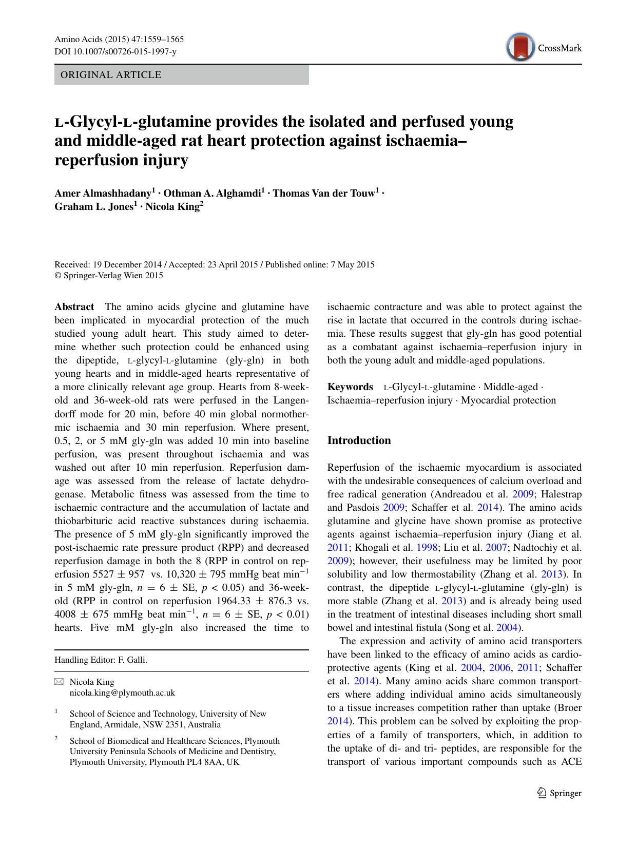 l-Glycyl-l-glutamine provides the isolated and perfused young and middle-aged rat heart protection against ischaemiaâreperfusion injury by Amer Almashhadany & Othman A. Alghamdi & Thomas Touw & Graham L. Jones & Nicola King