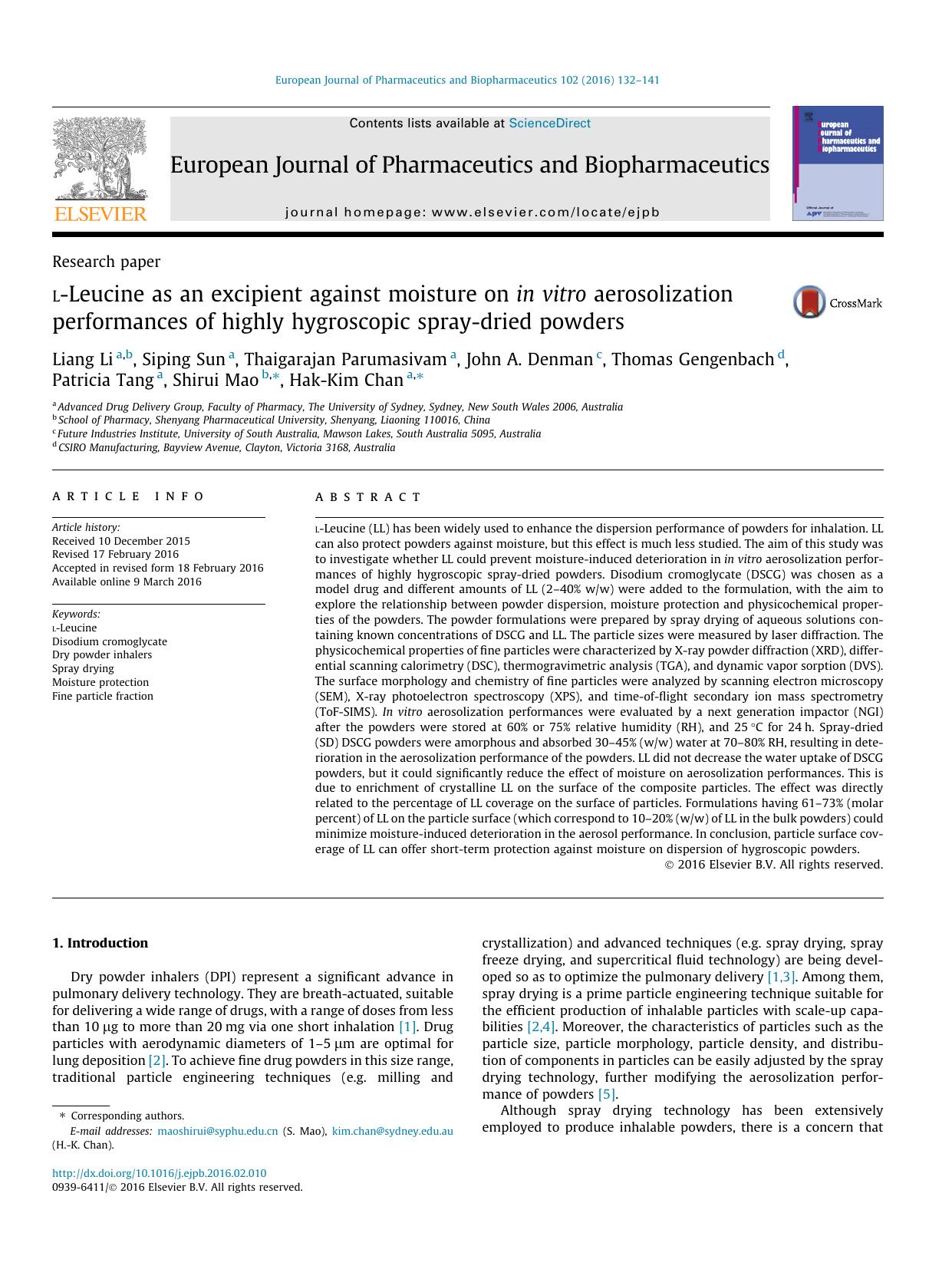 l-Leucine as an excipient against moisture on in vitro aerosolization performances of highly hygroscopic spray-dried powders by unknow