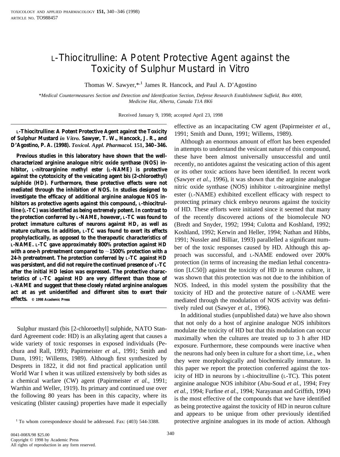 l-Thiocitrulline: A Potent Protective Agent against the Toxicity of Sulphur Mustard in Vitro by Sawyer T. W. et al