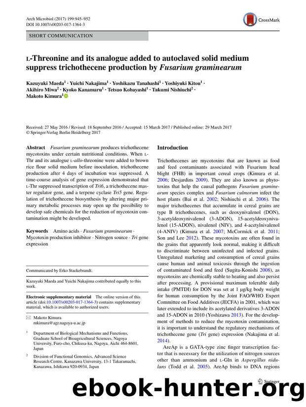 l-Threonine and its analogue added to autoclaved solid medium suppress trichothecene production by Fusarium graminearum by Kazuyuki Maeda