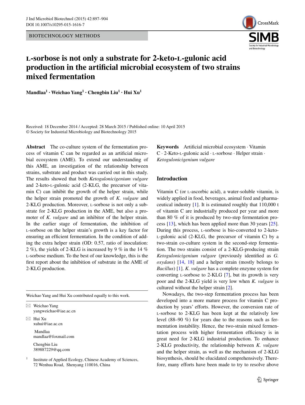 l-sorbose is not only a substrate for 2-keto-l-gulonic acid production in the artificial microbial ecosystem of two strains mixed fermentation by Mandlaa & Weichao Yang & Chengbin Liu & Hui Xu