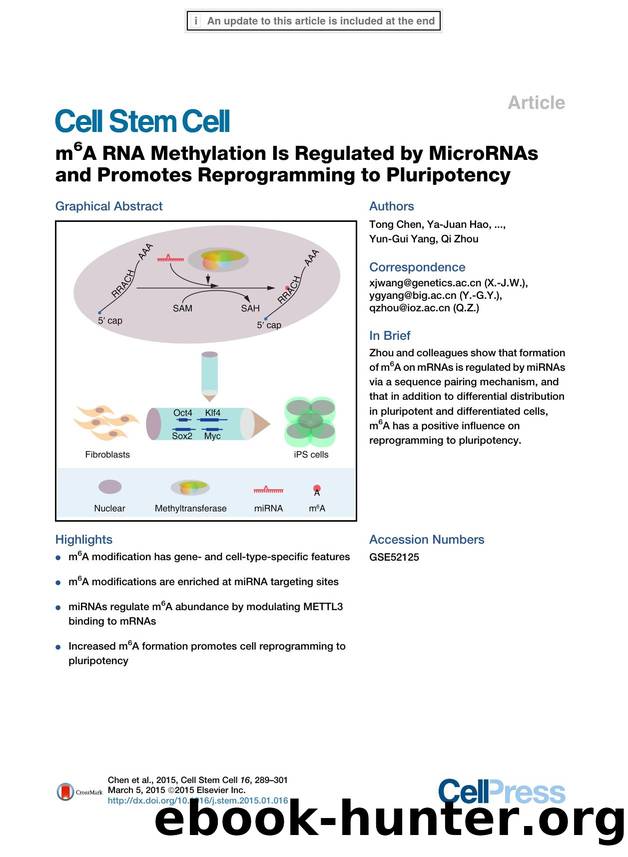 m6A RNA Methylation Is Regulated by MicroRNAs and Promotes Reprogramming to Pluripotency by unknow