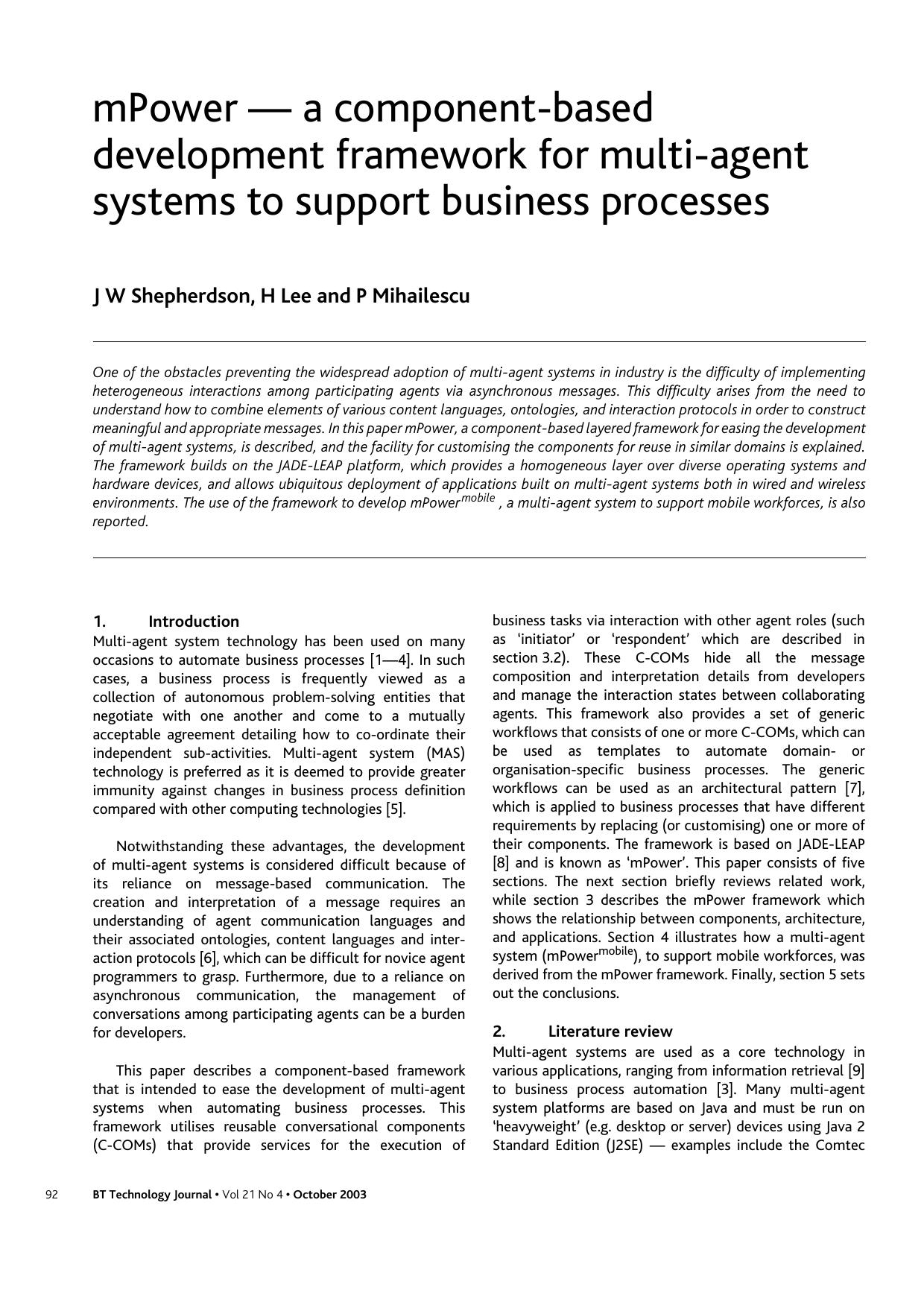 mPower &#x2014; A Component-Based Development Framework for Multi-Agent Systems to Support Business Processes by Unknown