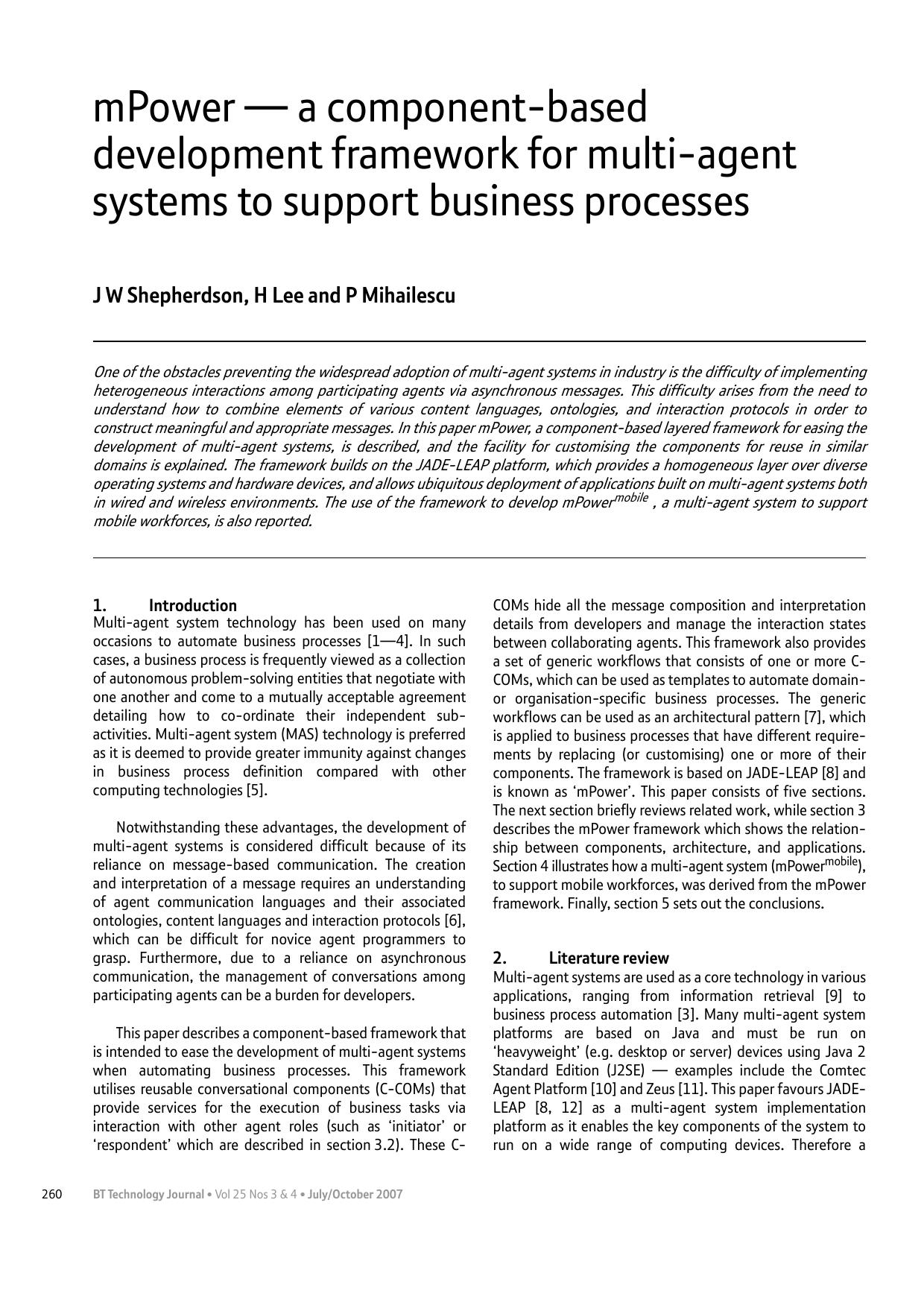 mPower &#x2014; a component-based development framework for multi-agent systems to support business processes by Unknown