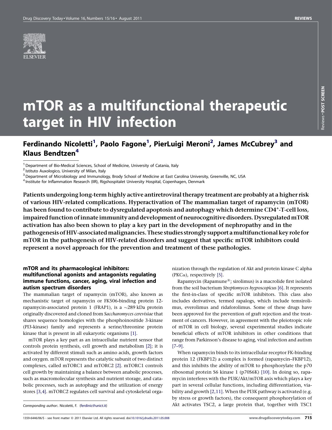 mTOR as a multifunctional therapeutic target in HIV infection by Ferdinando Nicoletti