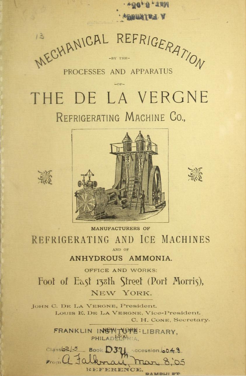 mechanical refrigeration by the processes of anhydrous ammonia 1890 by Unknown