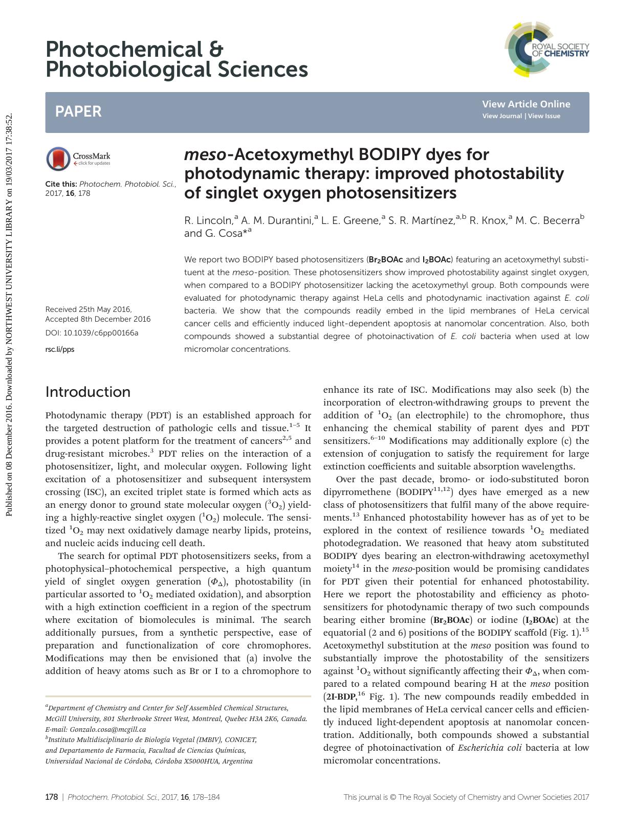 meso-Acetoxymethyl BODIPY dyes for photodynamic therapy: improved photostability of singlet oxygen photosensitizers by R. Lincoln A. M. Durantini L. E. Greene S. R. Martínez R. Knox M. C. Becerra G. Cosa