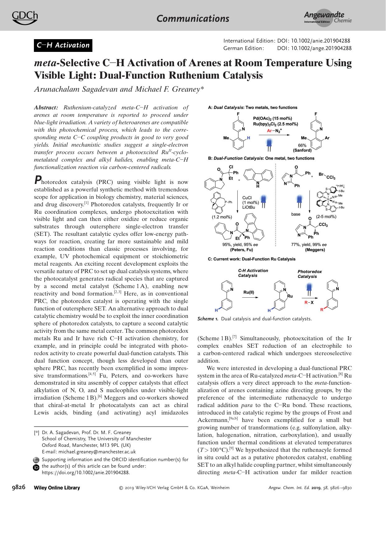 metaâSelective CâH Activation of Arenes at Room Temperature Using Visible Light: DualâFunction Ruthenium Catalysis by Unknown