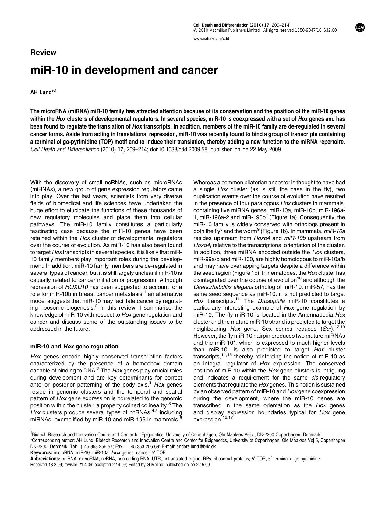 miR-10 in development and cancer by A H Lund
