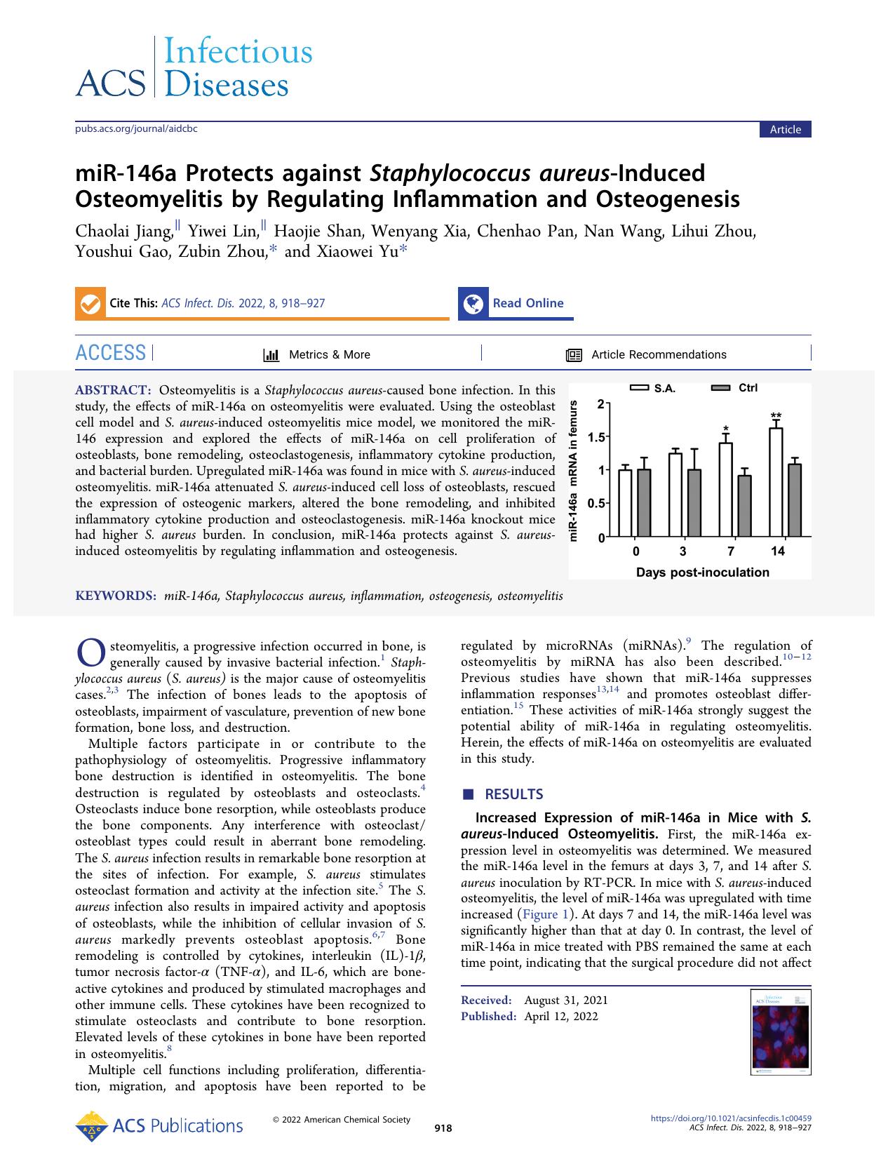 miR-146a Protects against Staphylococcus aureus-Induced Osteomyelitis by Regulating Inflammation and Osteogenesis by unknow