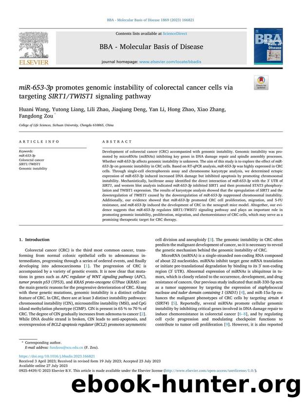 miR-653-3p promotes genomic instability of colorectal cancer cells via targeting SIRT1TWIST1 signaling pathway by unknow