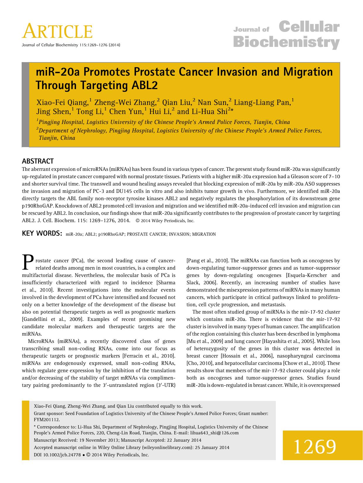 miR20a Promotes Prostate Cancer Invasion and Migration Through Targeting ABL2 by Unknown