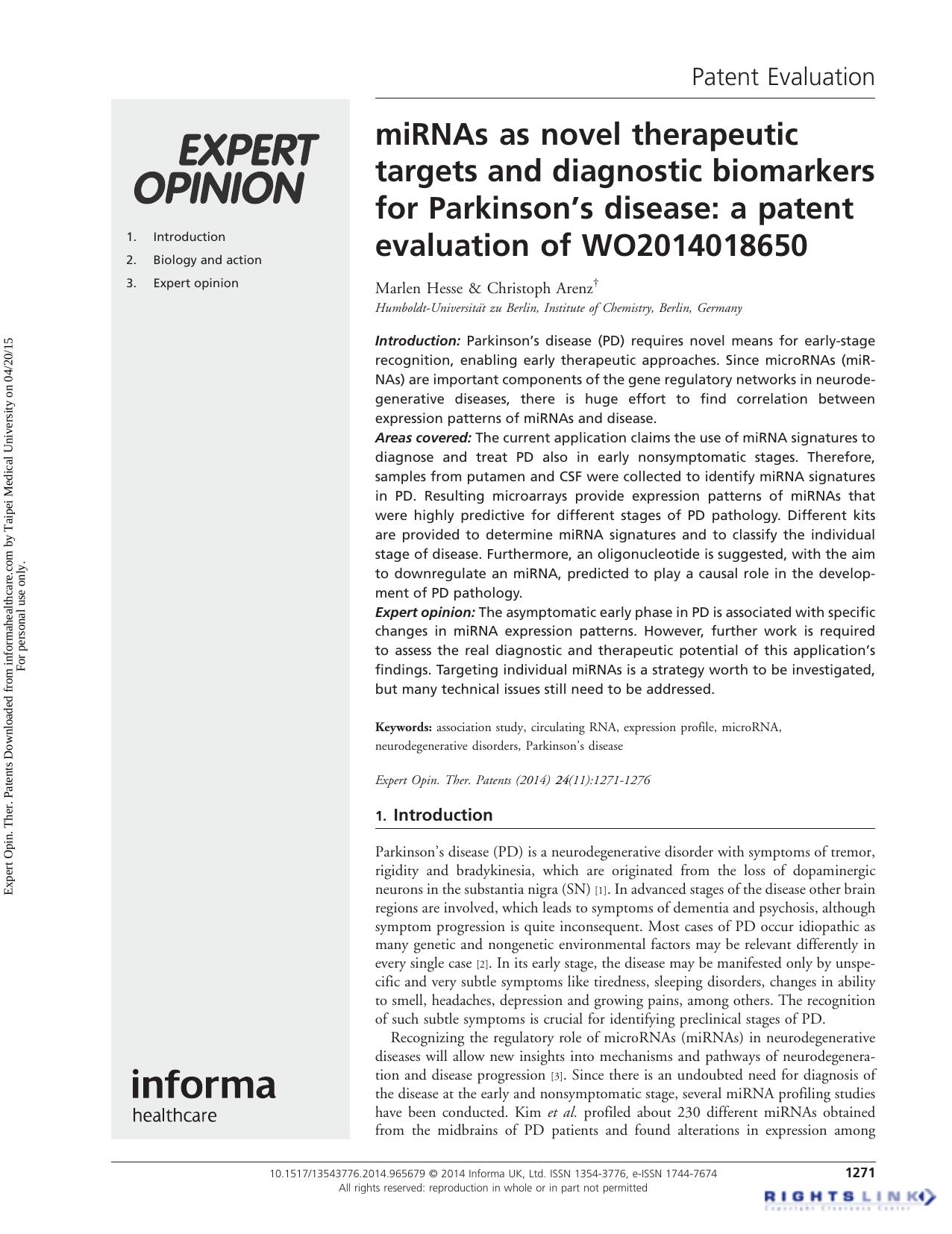 miRNAs as novel therapeutic targets and diagnostic biomarkers for Parkinson’s disease: a patent evaluation of WO2014018650 by Marlen Hesse & Christoph Arenz