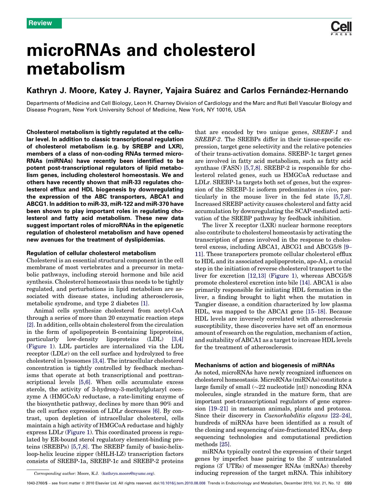microRNAs and cholesterol metabolism by Kathryn J. Moore