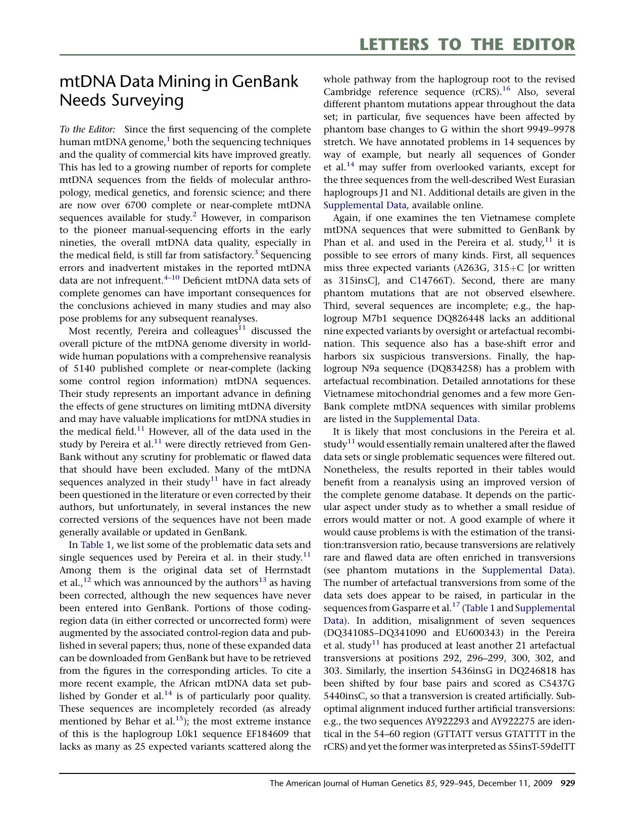 mtDNA Data Mining in GenBank Needs Surveying by Yong-Gang Yao; Antonio Salas; Ian Logan; Hans-JUrgen Bandelt