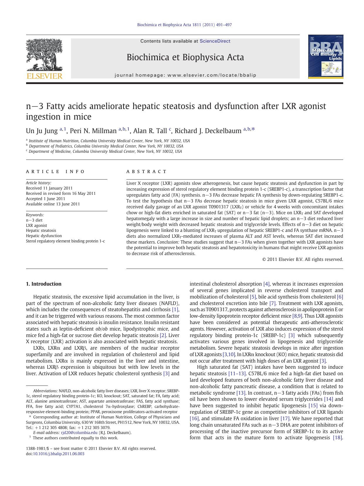 nâ3 Fatty acids ameliorate hepatic steatosis and dysfunction after LXR agonist ingestion in mice by Un Ju Jung & Peri N. Millman & Alan R. Tall & Richard J. Deckelbaum