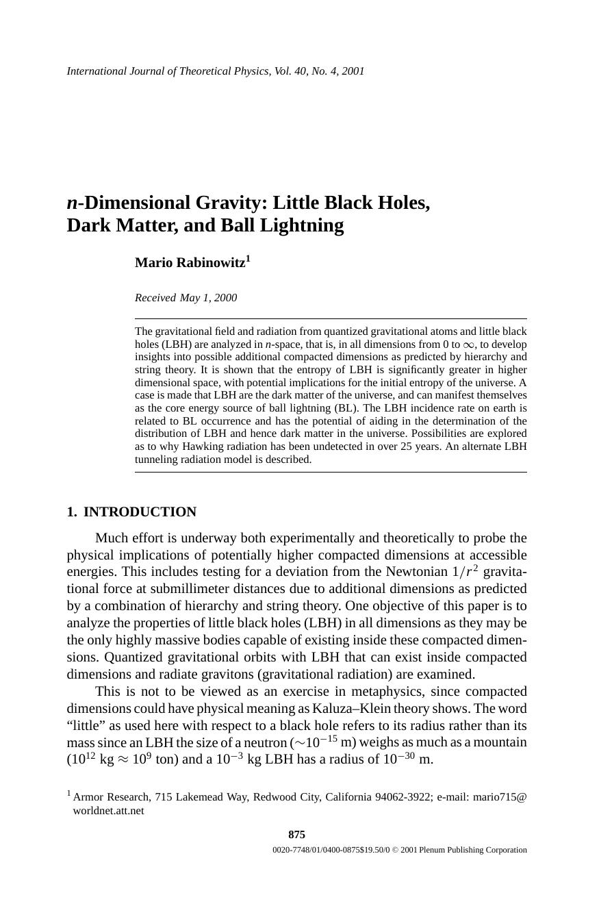 n-Dimensional Gravity: Little Black Holes, Dark Matter, and Ball Lightning by Unknown