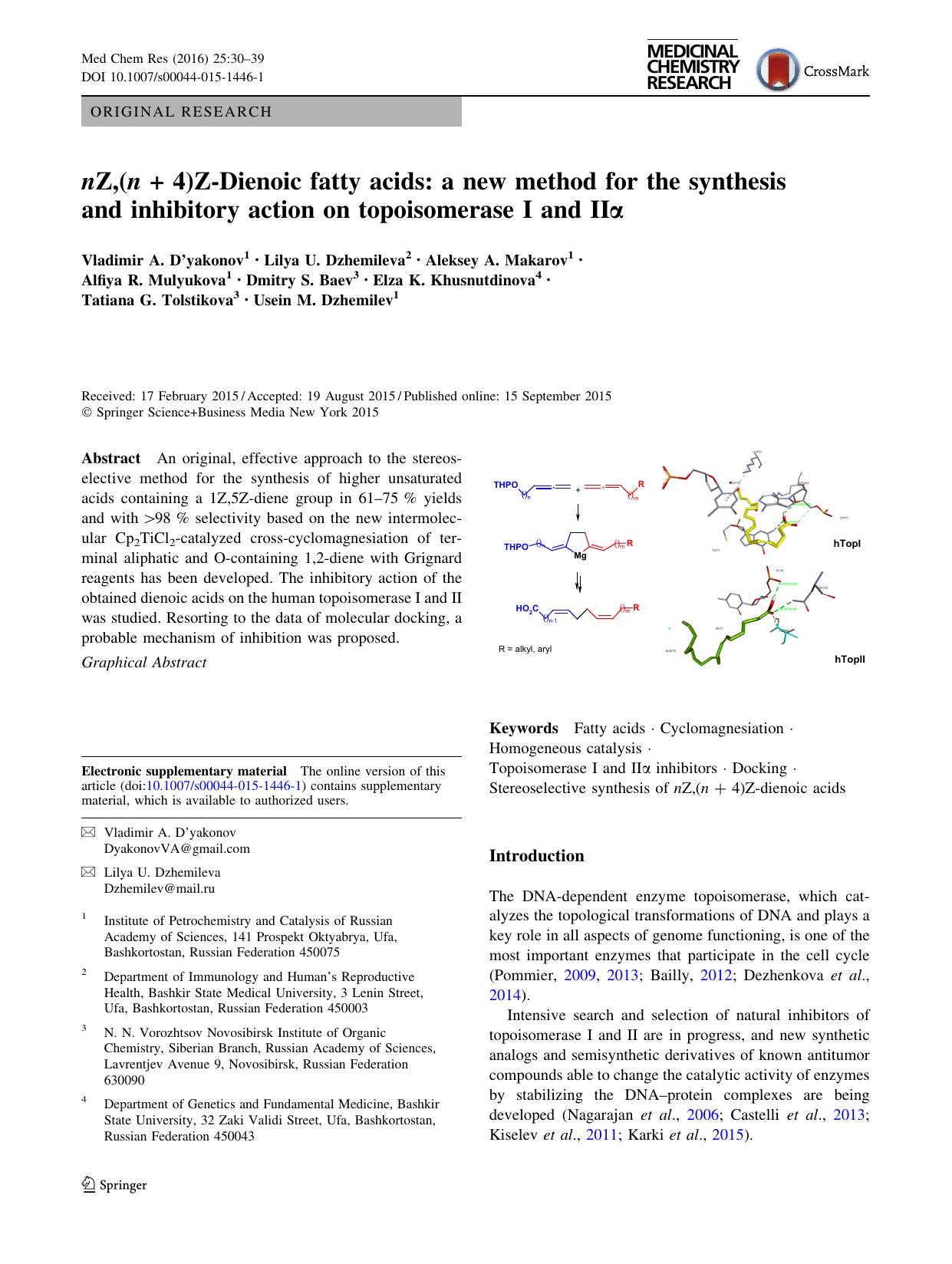 nZ,(nÂ +Â 4)Z-Dienoic fatty acids: a new method for the synthesis and inhibitory action on topoisomerase I and IIÎ± by unknow
