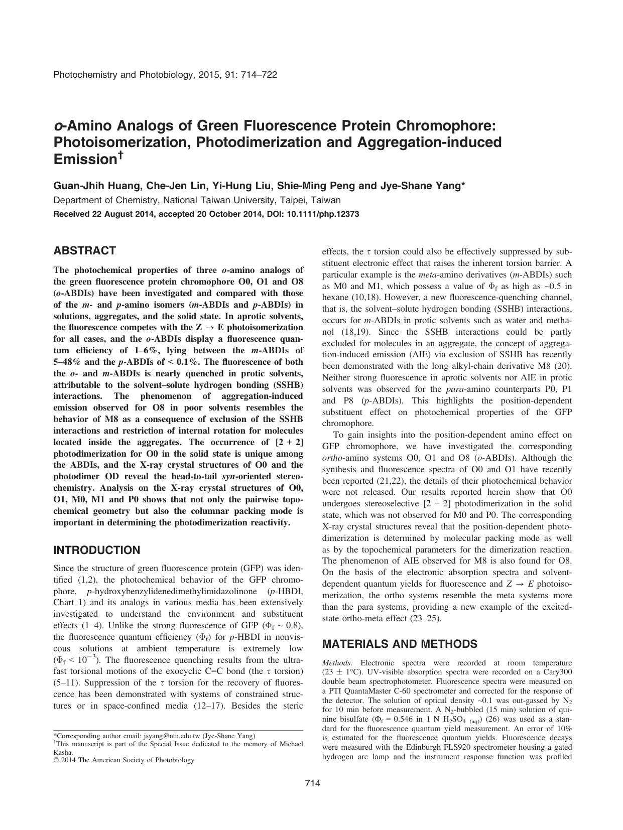 o‐Amino Analogs of Green Fluorescence Protein Chromophore: Photoisomerization, Photodimerization and Aggregation‐induced Emission by Unknown