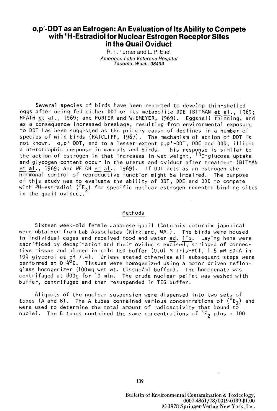 o,p′-DDT as an estrogen: An evaluation of its ability to compete with <Superscript>3 <Superscript>H-estradiol for nuclear estrogen receptor sites in the quail oviduct by Unknown