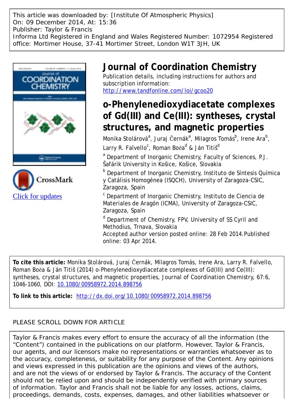 o-Phenylenedioxydiacetate complexes of Gd(III) and Ce(III): syntheses, crystal structures, and magnetic properties by Monika Stolárová