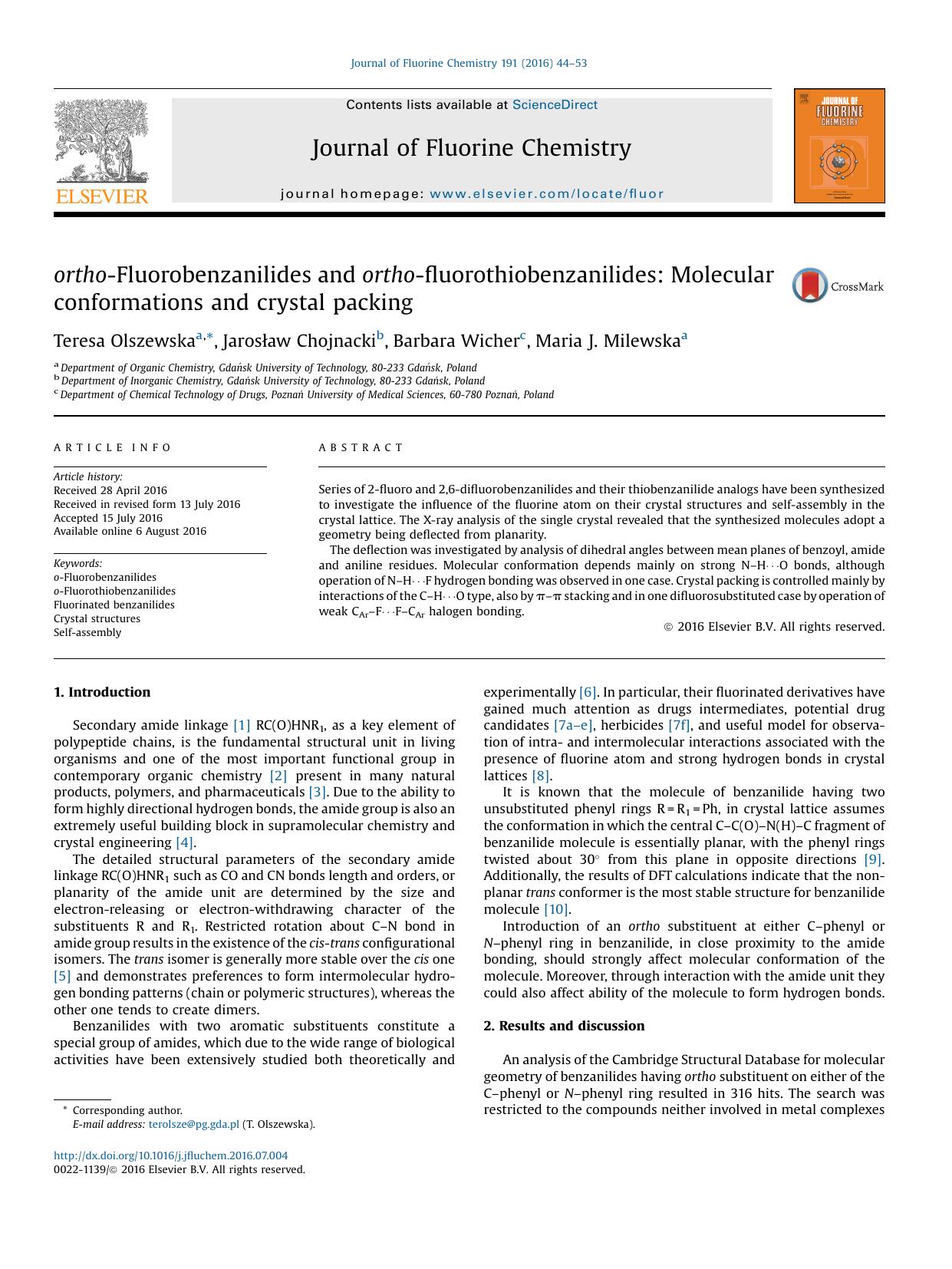 ortho-Fluorobenzanilides and ortho-fluorothiobenzanilides: Molecular conformations and crystal packing by Teresa Olszewska & Jarosław Chojnacki & Barbara Wicher & Maria J. Milewska