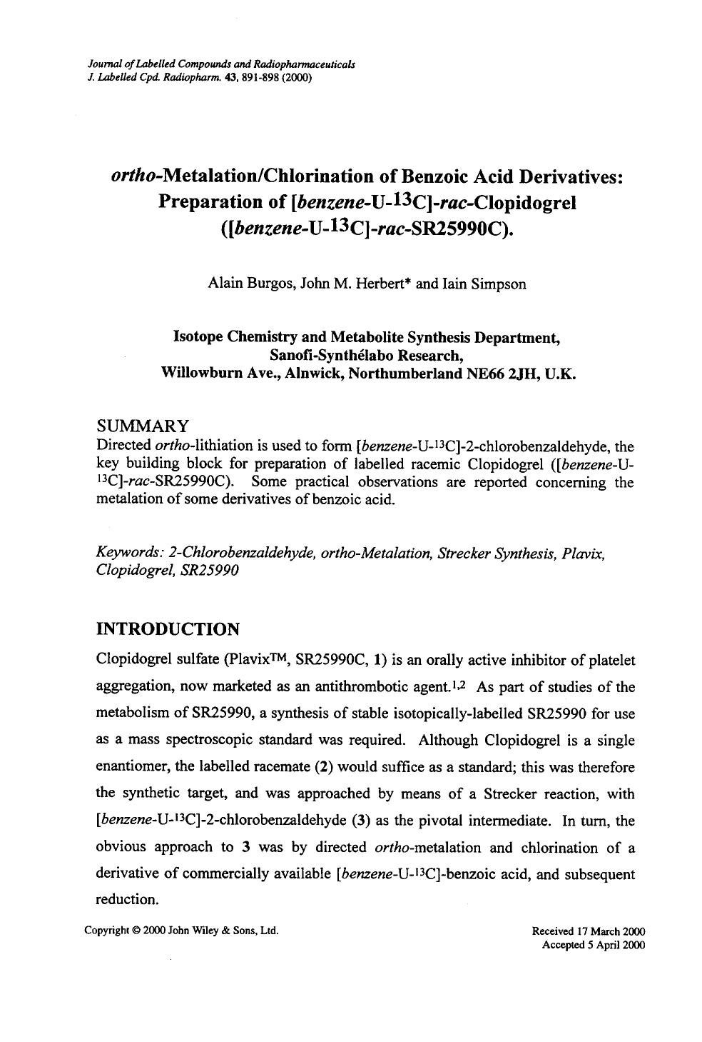 ortho-Metalationchlorination of benzoic acid derivatives: preparation of [benzene-U-13C]-rac-clopidogrel ([benzene-U-13C]-rac-SR25990C) by Unknown