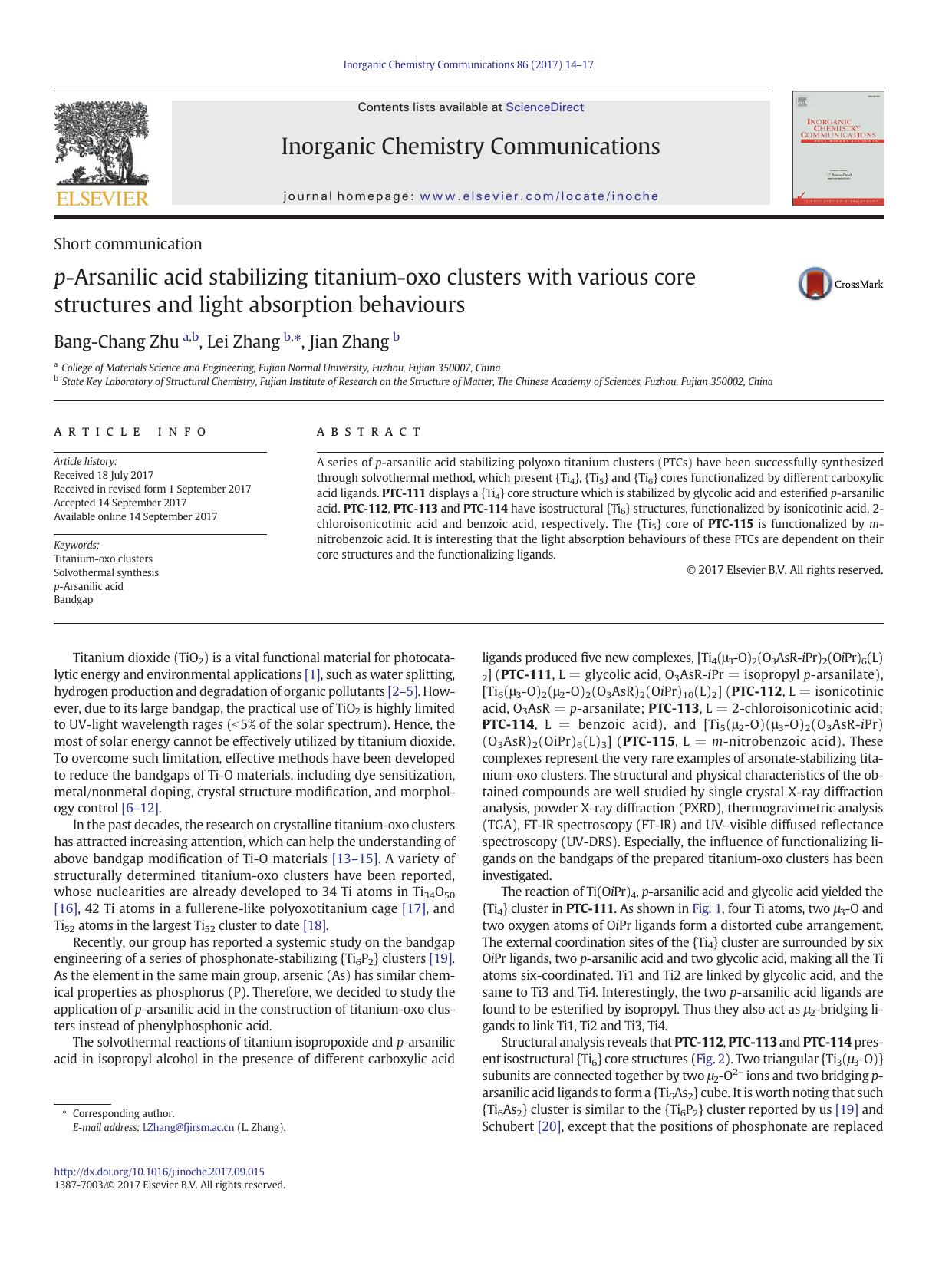 p-Arsanilic acid stabilizing titanium-oxo clusters with various core structures and light absorption behaviours by Bang-Chang Zhu & Lei Zhang & Jian Zhang