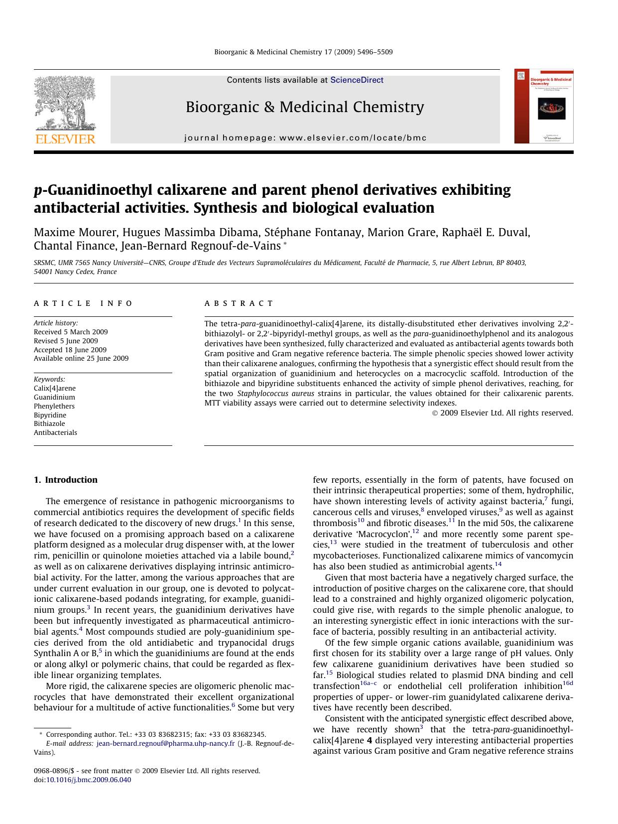 p-Guanidinoethyl calixarene and parent phenol derivatives exhibiting antibacterial activities. Synthesis and biological evaluation by unknow
