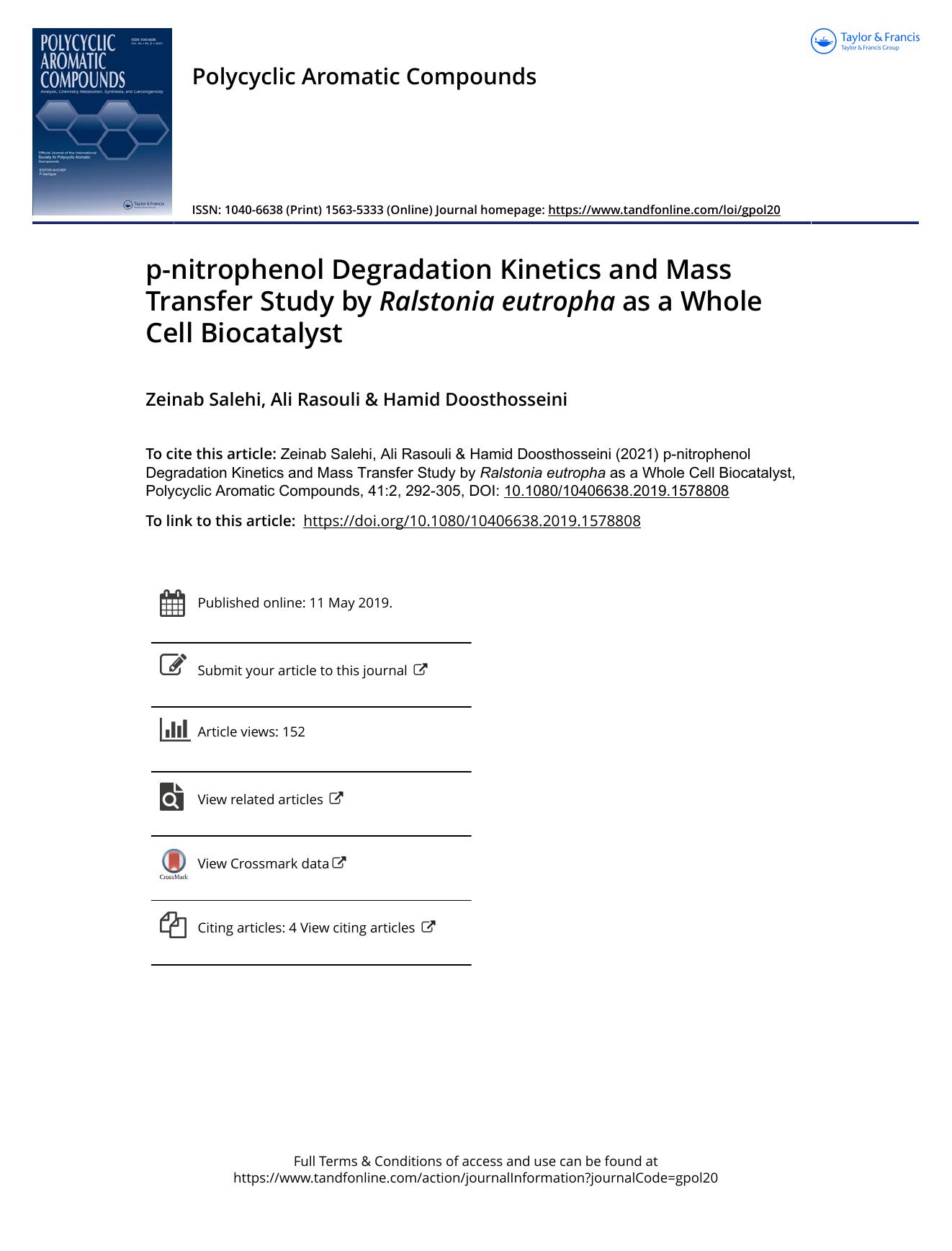 p-nitrophenol Degradation Kinetics and Mass Transfer Study by Ralstonia eutropha as a Whole Cell Biocatalyst by Salehi Zeinab & Rasouli Ali & Doosthosseini Hamid
