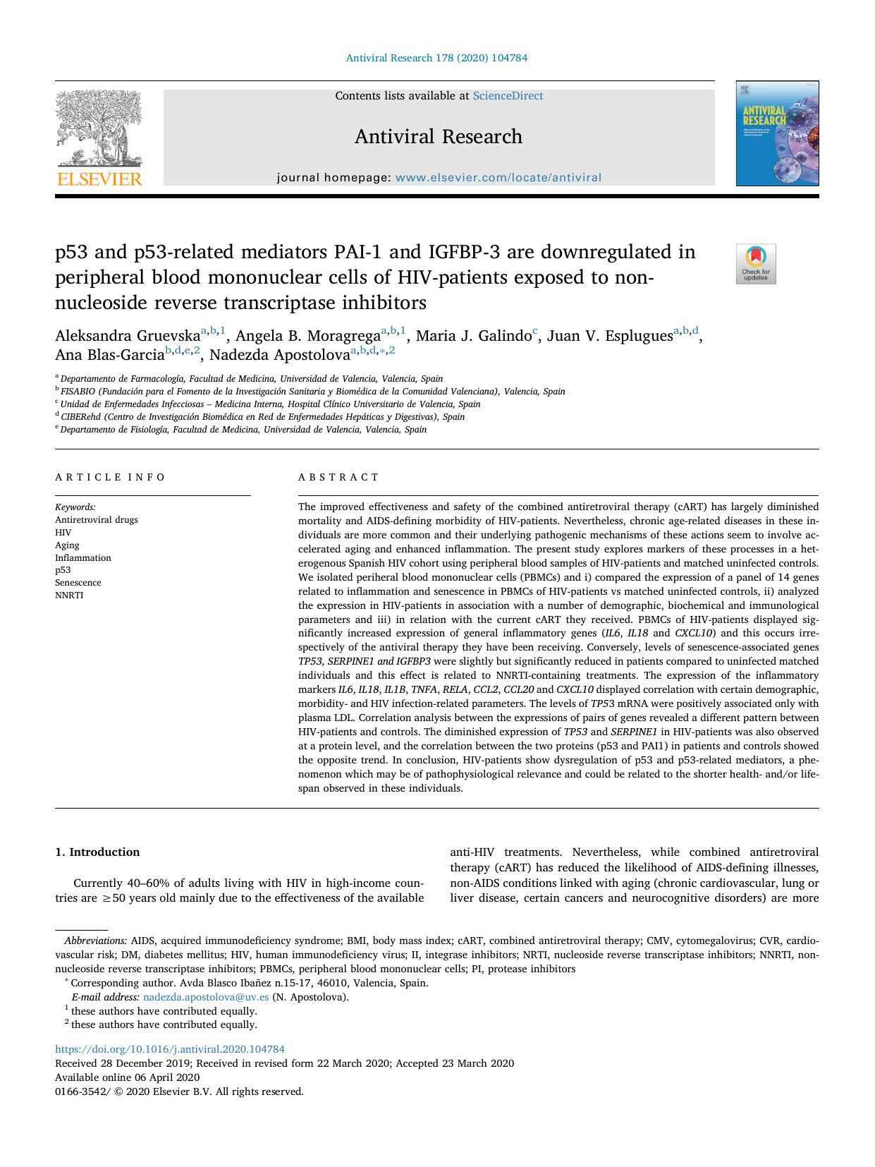 p53 and p53-related mediators PAI-1 and IGFBP-3 are downregulated in peripheral blood mononuclear cells of HIV-patients exposed to non-nucleoside reverse transcriptase inhibitors by unknow