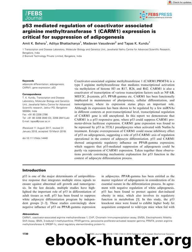 p53 mediated regulation of coactivator associated arginine methyltransferase 1 (CARM1) expression is critical for suppression of adipogenesis by Unknown