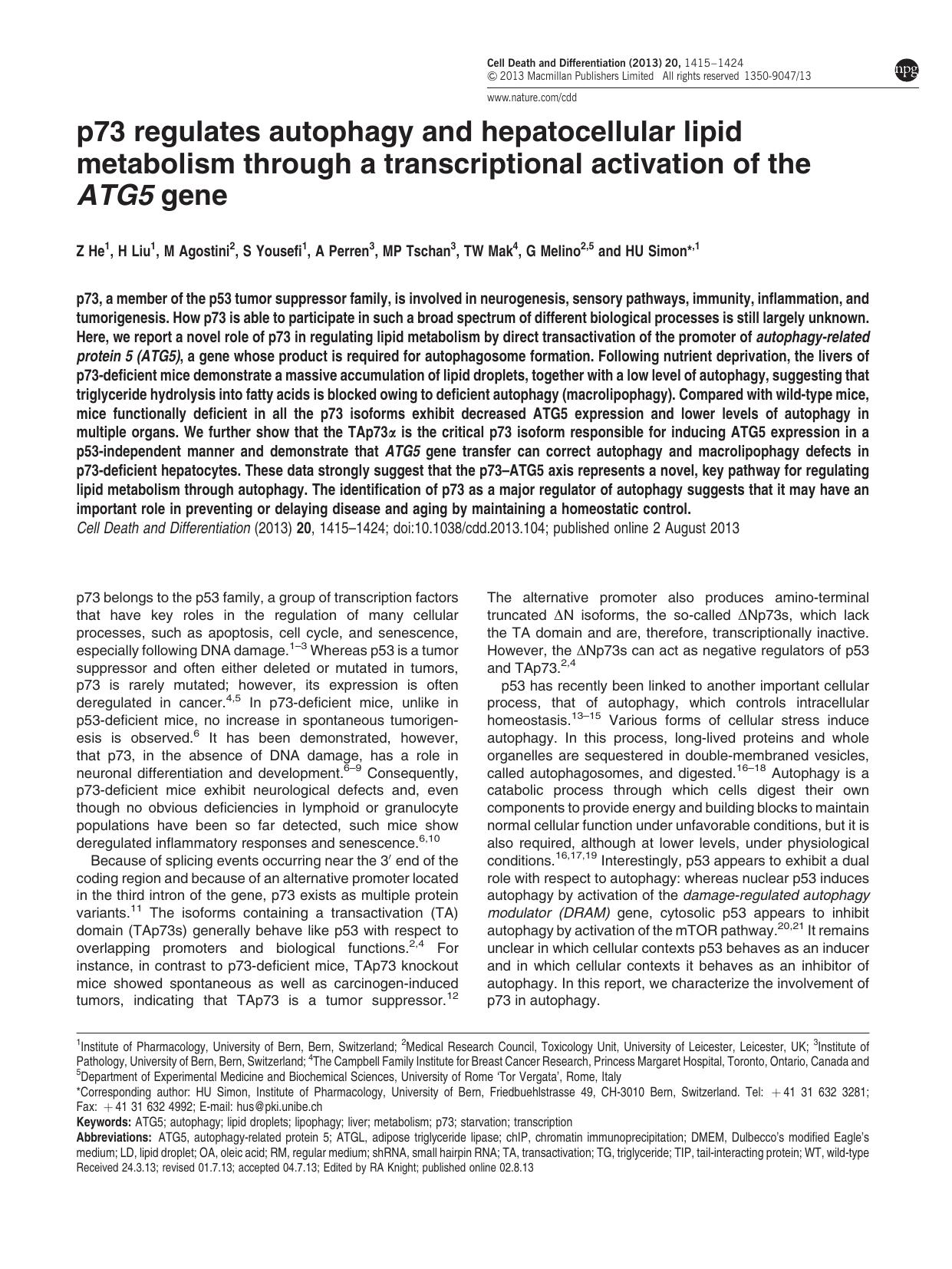 p73 regulates autophagy and hepatocellular lipid metabolism through a transcriptional activation of the ATG5 gene by Z He & H Liu & M Agostini & S Yousefi & A Perren & M P Tschan & T W Mak & G Melino & H U Simon