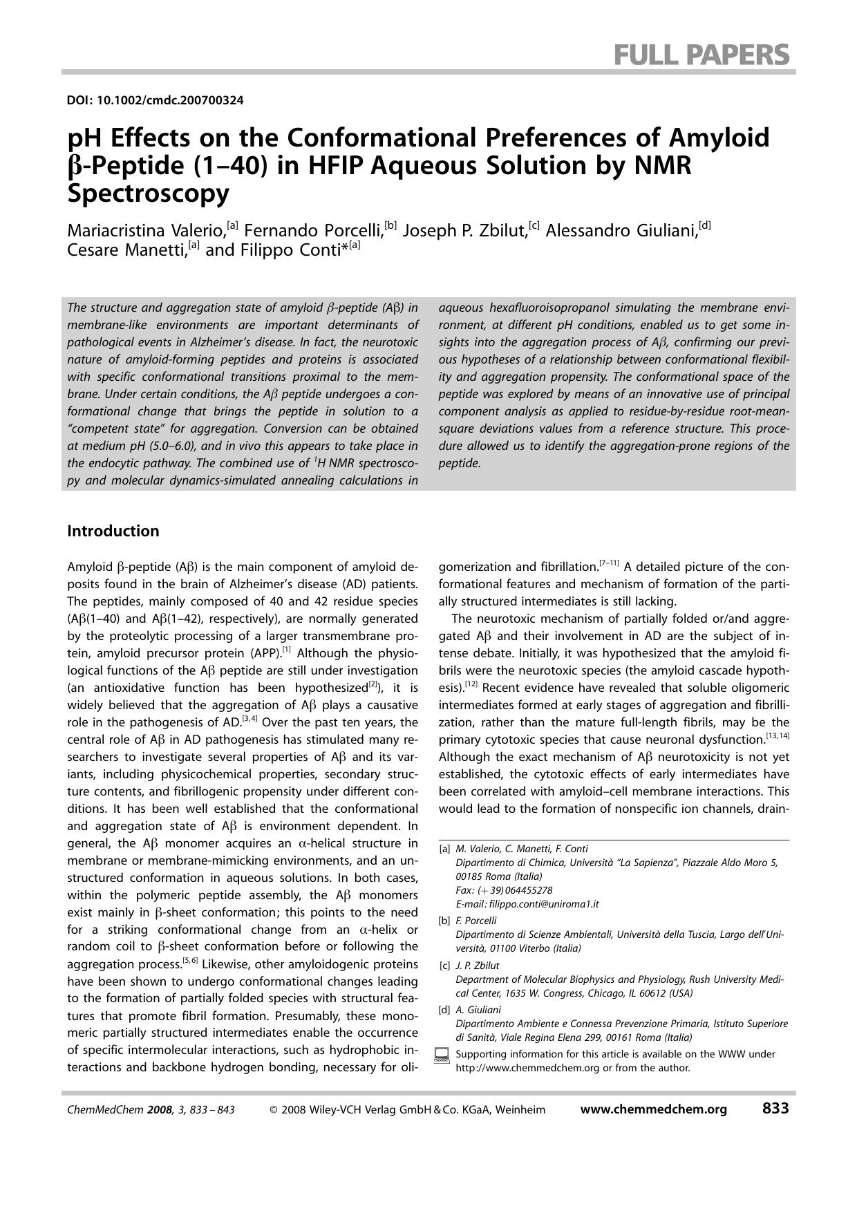 pH Effects on the Conformational Preferences of Amyloid [beta]-Peptide (1-40) in HFIP Aqueous Solution by NMR Spectroscopy by Unknown