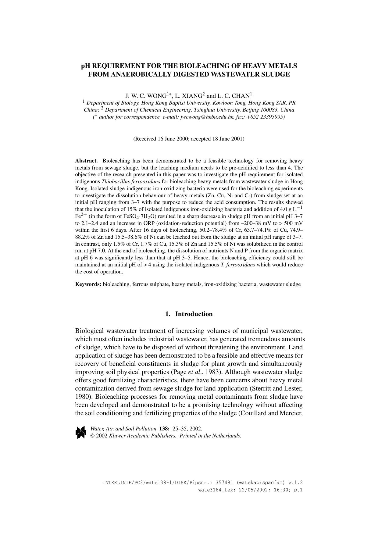pH Requirement for the Bioleaching of Heavy Metals from Anaerobically Digested Wastewater Sludge by Unknown