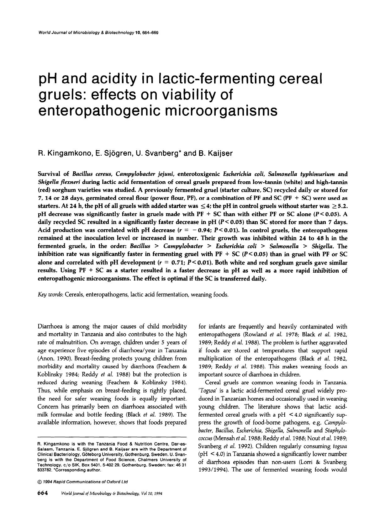 pH and acidity in lactic-fermenting cereal gruels: effects on viability of enteropathogenic microorganisms by Unknown