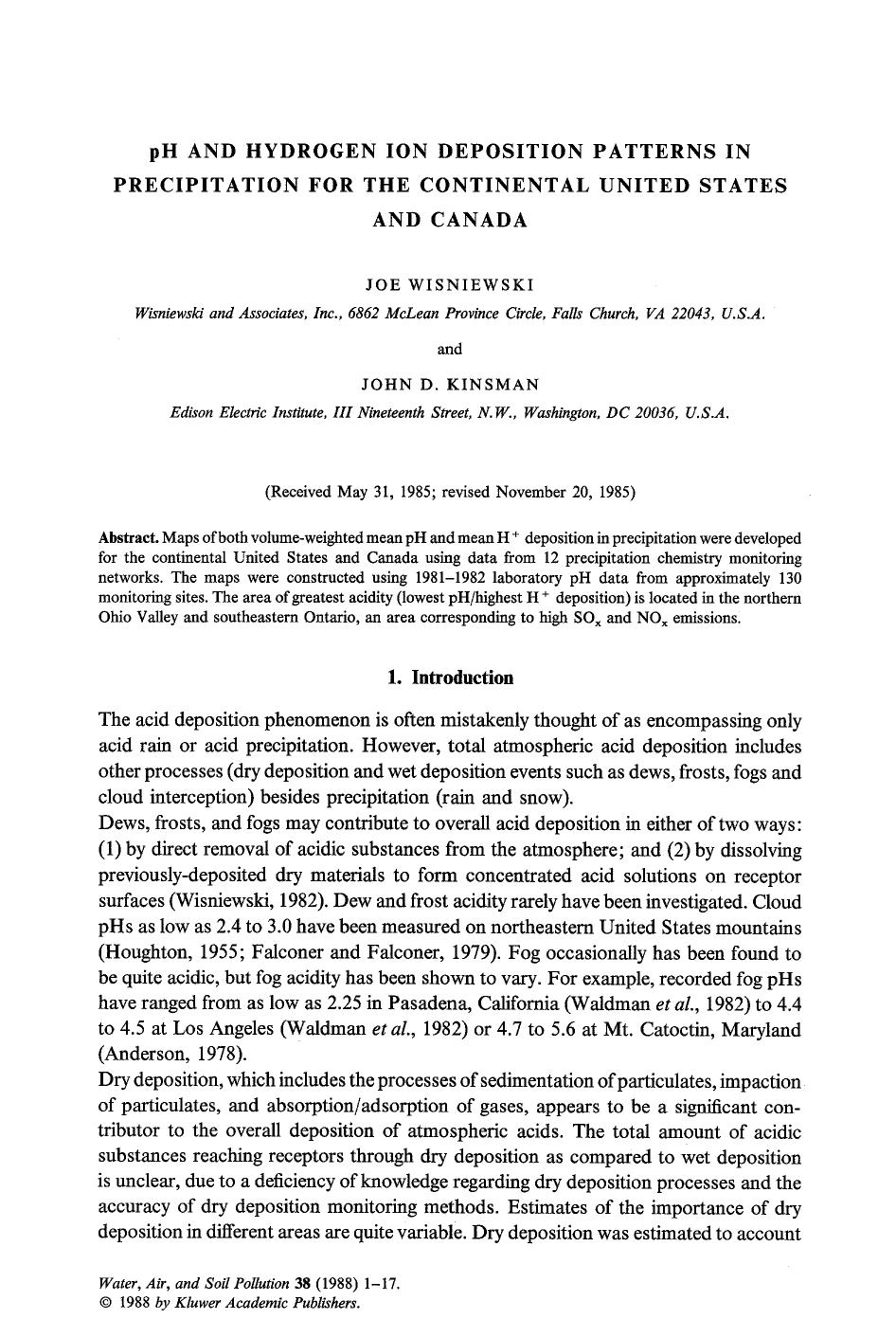 pH and hydrogen ion deposition patterns in precipitation for the continental United States and Canada by Unknown
