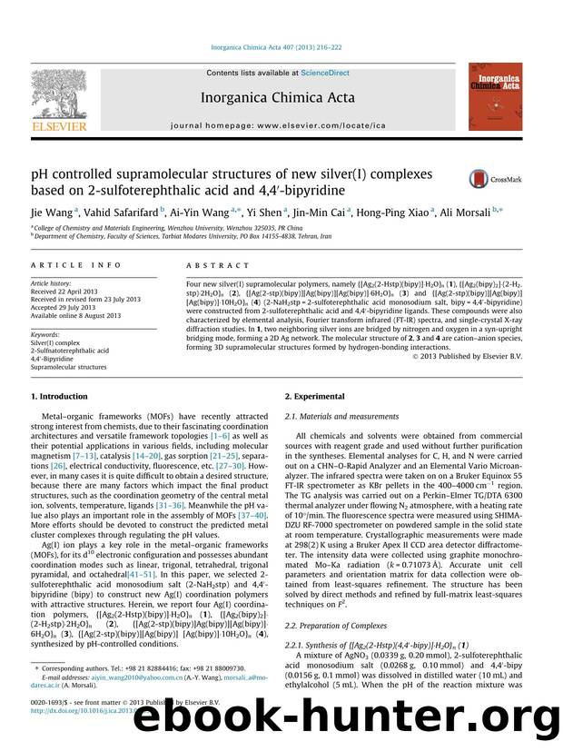 pH controlled supramolecular structures of new silver(I) complexes based on 2-sulfoterephthalic acid and 4,4Ã¢â¬Â²-bipyridine by Jie Wang & Vahid Safarifard & Ai-Yin Wang & Yi Shen & Jin-Min Cai & Hong-Ping Xiao & Ali Morsali