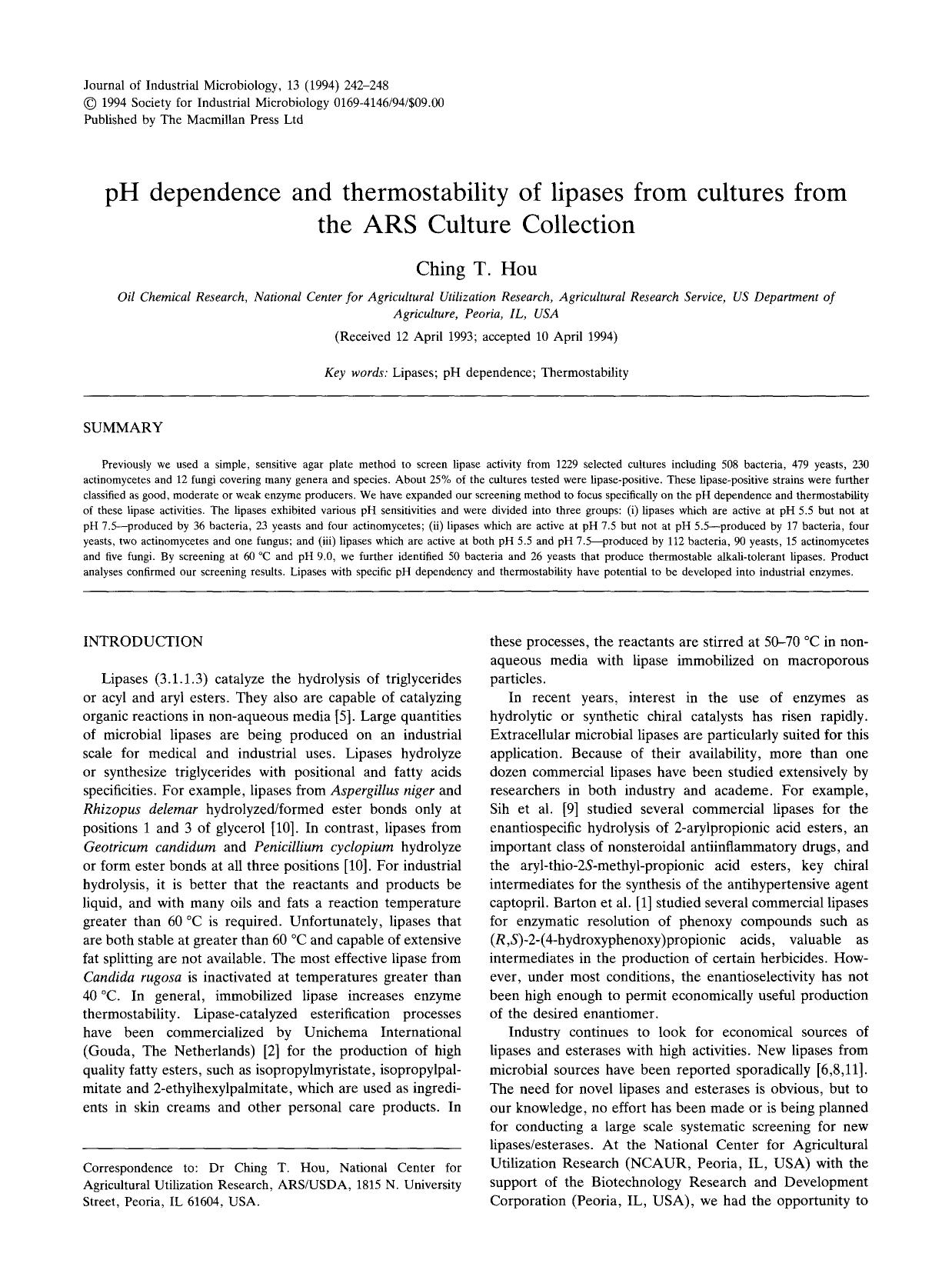 pH dependence and thermostability of lipases from cultures from the ARS culture collection by Unknown
