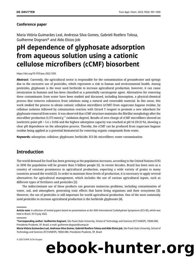 pH dependence of glyphosate adsorption from aqueous solution using a cationic cellulose microfibers &#40;cCMF&#41; biosorbent by Guilherme Dognani