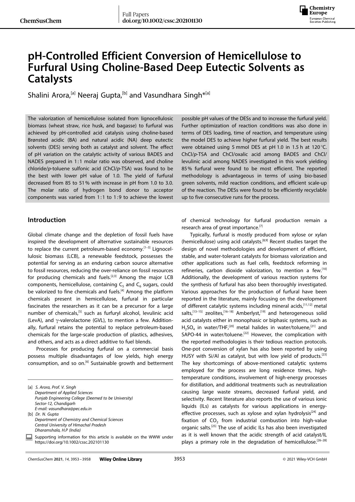 pHâControlled Efficient Conversion of Hemicellulose to Furfural Using CholineâBased Deep Eutectic Solvents as Catalysts by Unknown