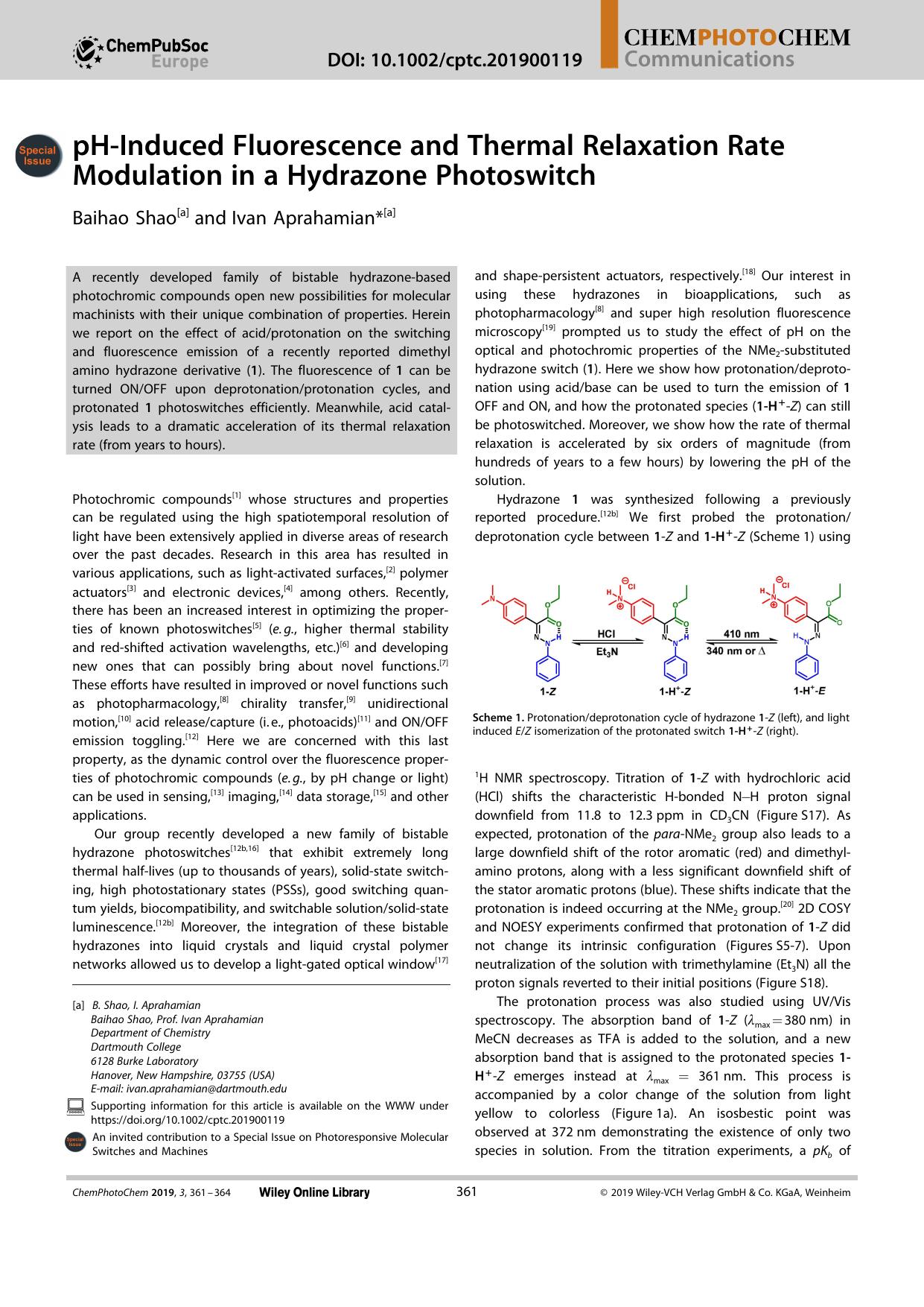 pHâInduced Fluorescence and Thermal Relaxation Rate Modulation in a Hydrazone Photoswitch by Unknown