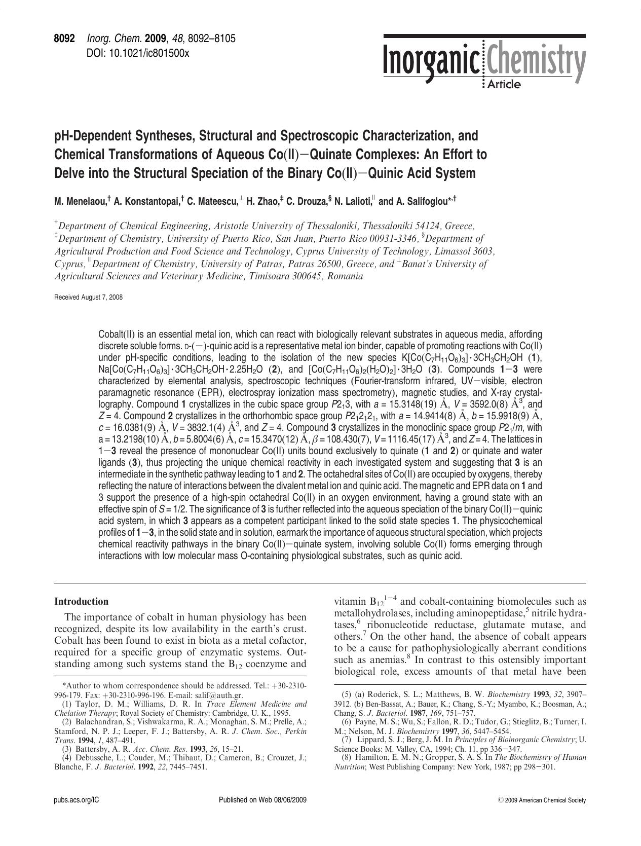pH-Dependent Syntheses, Structural and Spectroscopic Characterization, and Chemical Transformations of Aqueous Co(II)âQuinate Complexes: An Effort to Delve into the Structural Sp by unknow