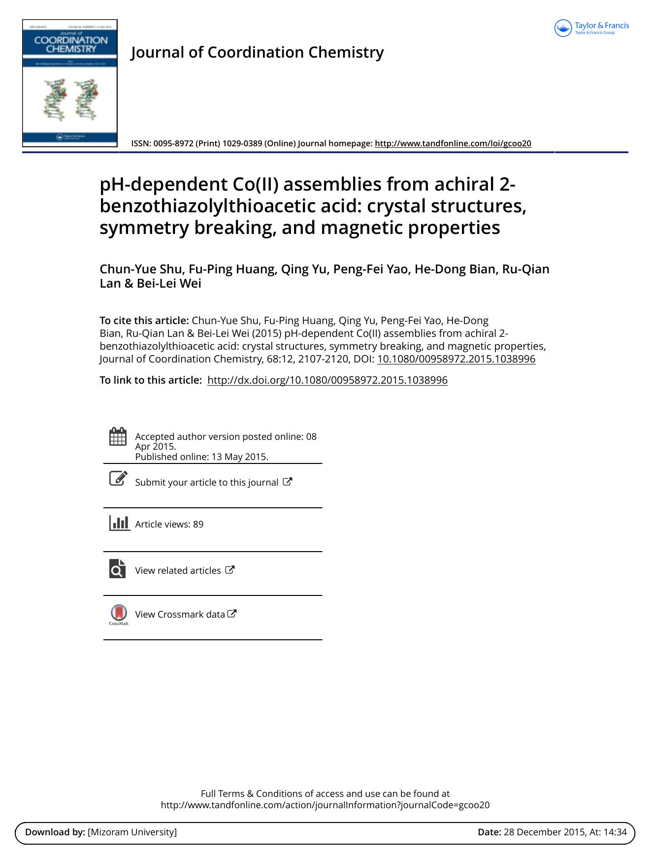 pH-dependent Co(II) assemblies from achiral 2-benzothiazolylthioacetic acid: crystal structures, symmetry breaking, and magnetic properties by Chun-Yue Shu