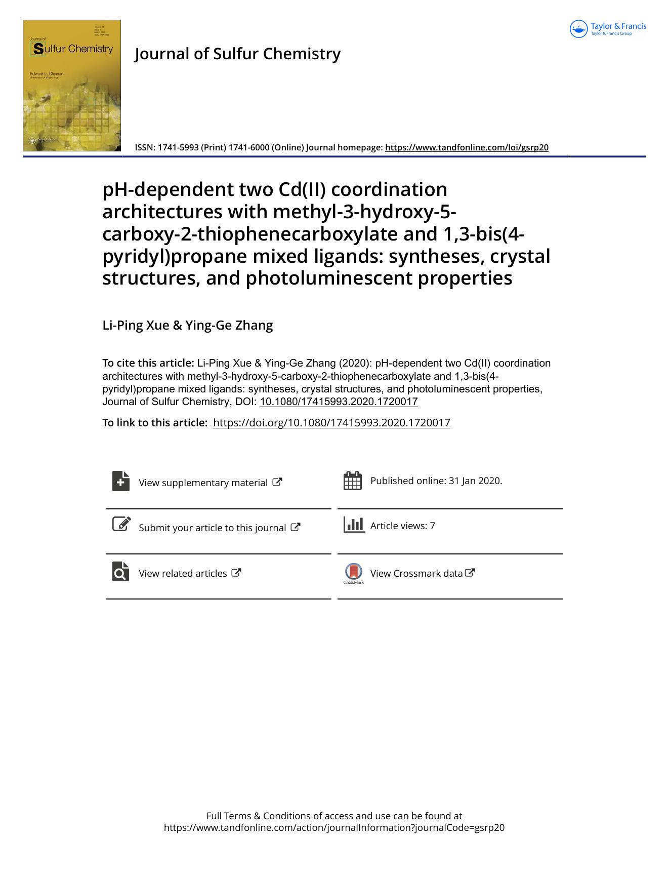 pH-dependent two Cd(II) coordination architectures with methyl-3-hydroxy-5-carboxy-2-thiophenecarboxylate and 1,3-bis(4-pyridyl)propane mixed ligands: syntheses, crystal structures by Li-Ping Xue; Ying-Ge Zhang