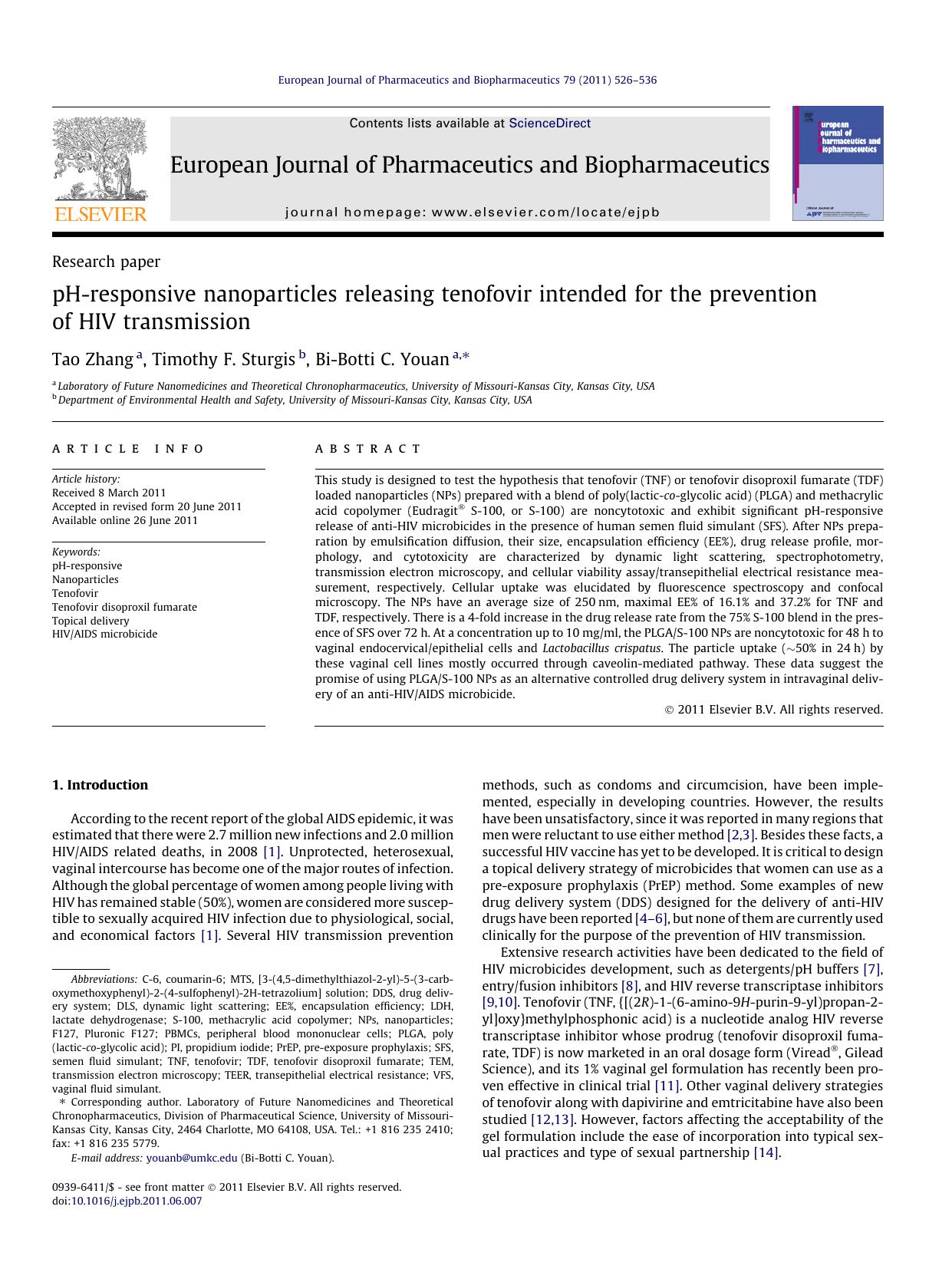 pH-responsive nanoparticles releasing tenofovir intended for the prevention of HIV transmission by Tao Zhang & Timothy F. Sturgis & Bi-Botti C. Youan
