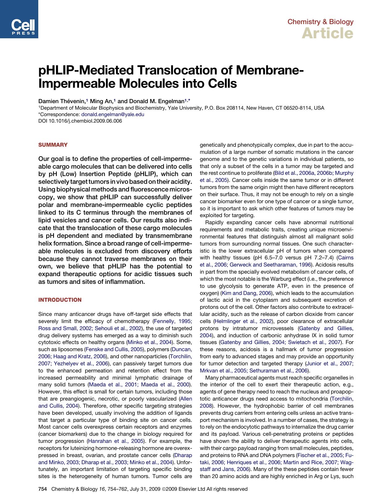 pHLIP-Mediated Translocation of Membrane- Impermeable Molecules into Cells by Damien ThEvenin; Ming An; Donald M. Engelman