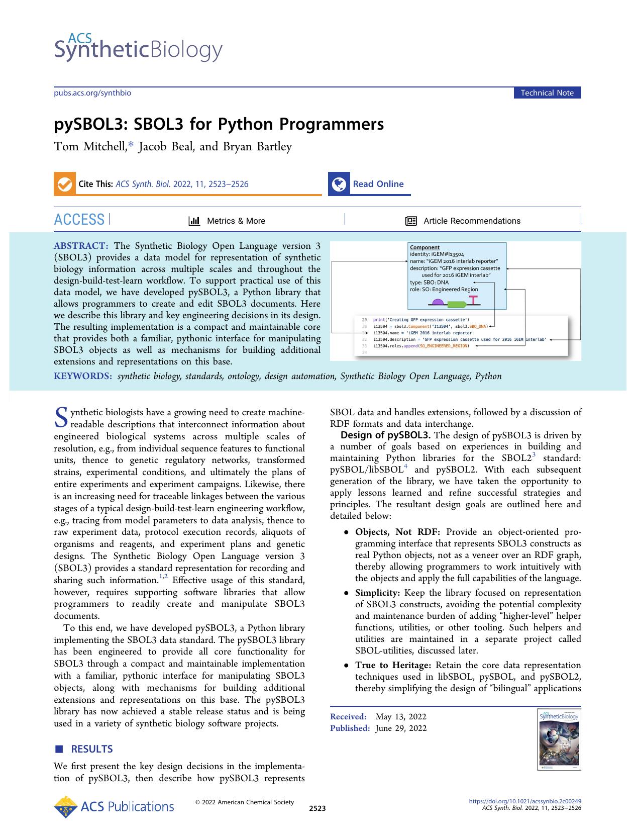 pySBOL3: SBOL3 for Python Programmers by Tom Mitchell Jacob Beal and Bryan Bartley
