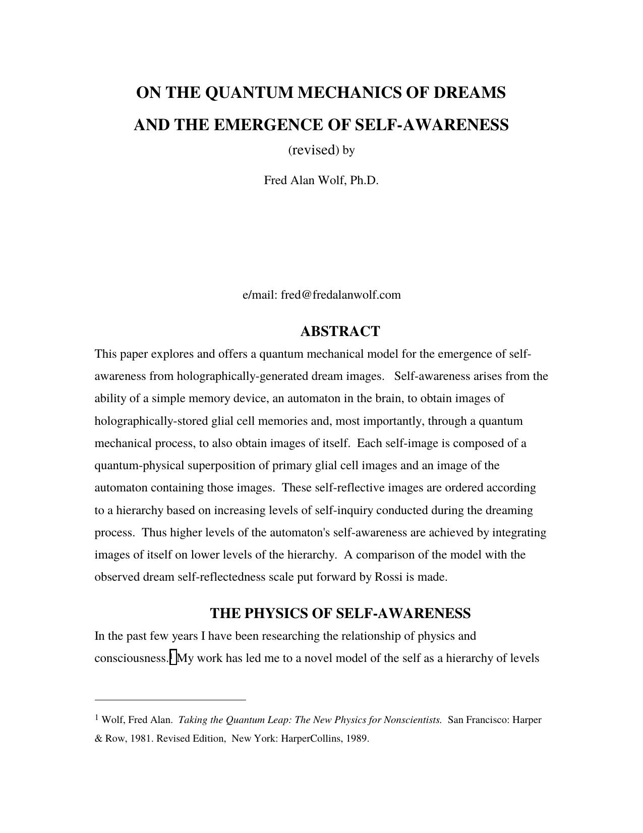 quantum mechanics of dreams by Fred Alan Wolf Ph.D